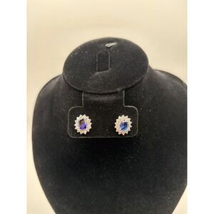 VTG Style Sapphire Blue Oval Halo Stud Earrings, Silver-Tone Rhinestone Cluster